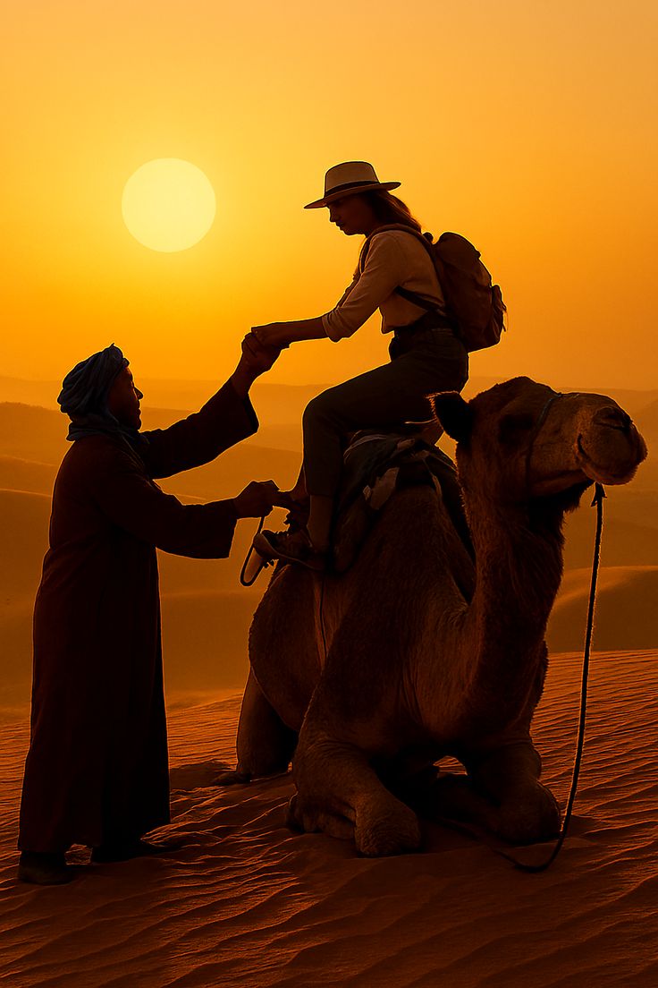 Traveler in the Sahara Desert wearing practical clothing