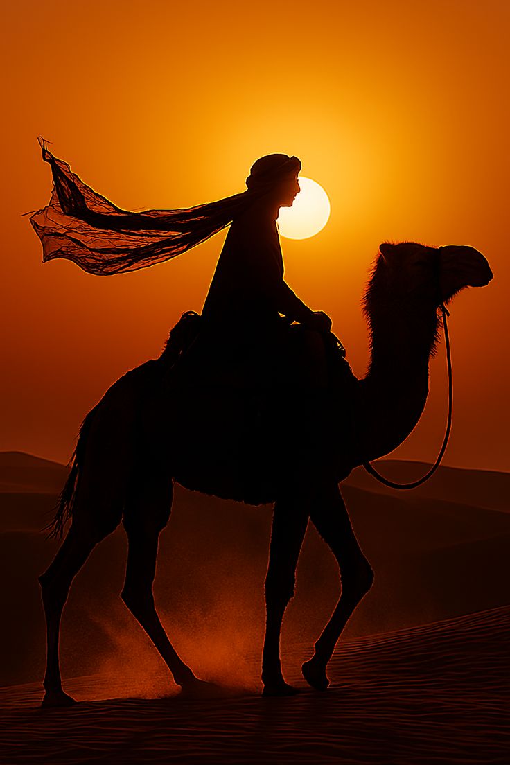 Camel trekking across the Sahara at sunset