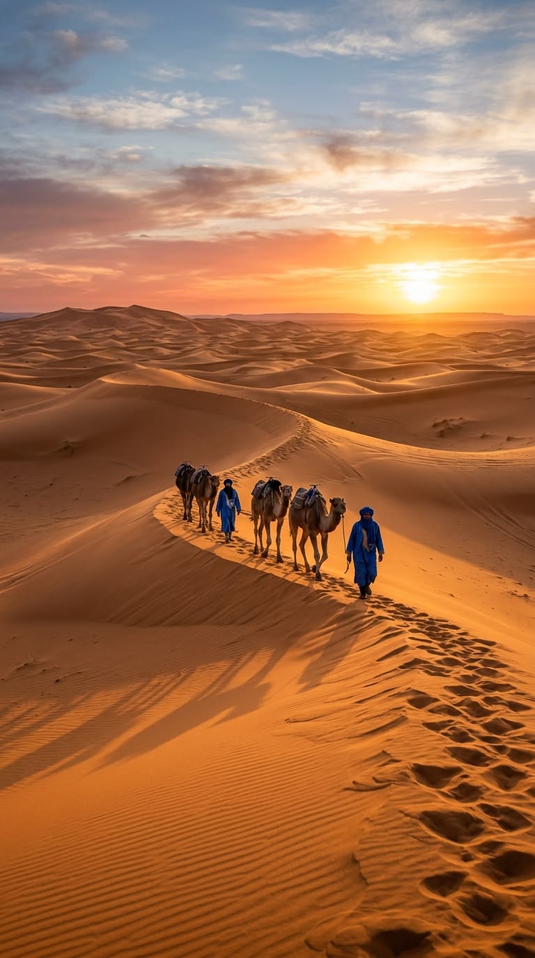 Desert Adventures Morocco: camel trekking across the golden Sahara dunes