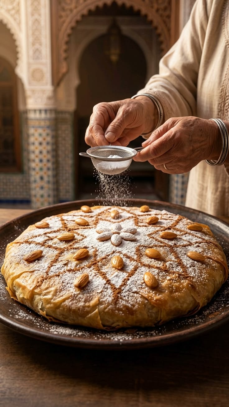 Traditional Moroccan Pastilla dusted with cinnamon and powdered sugar